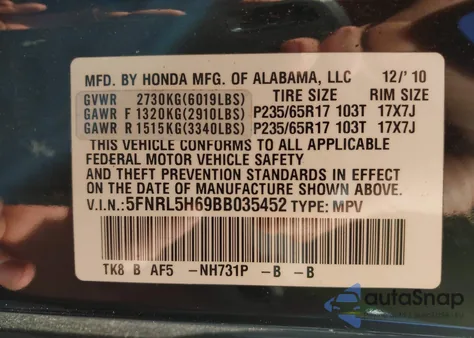 2011 Honda Odyssey Ex-L from USA, damaged, VIN 5FNRL5H69BB035452